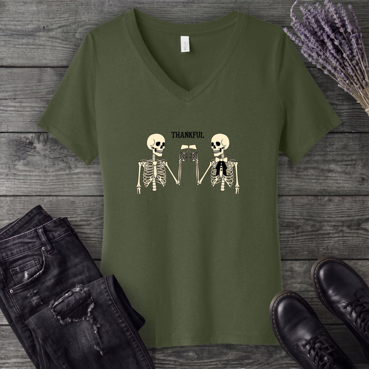 Thankful Toasting Skeletons V-Neck T-Shirt