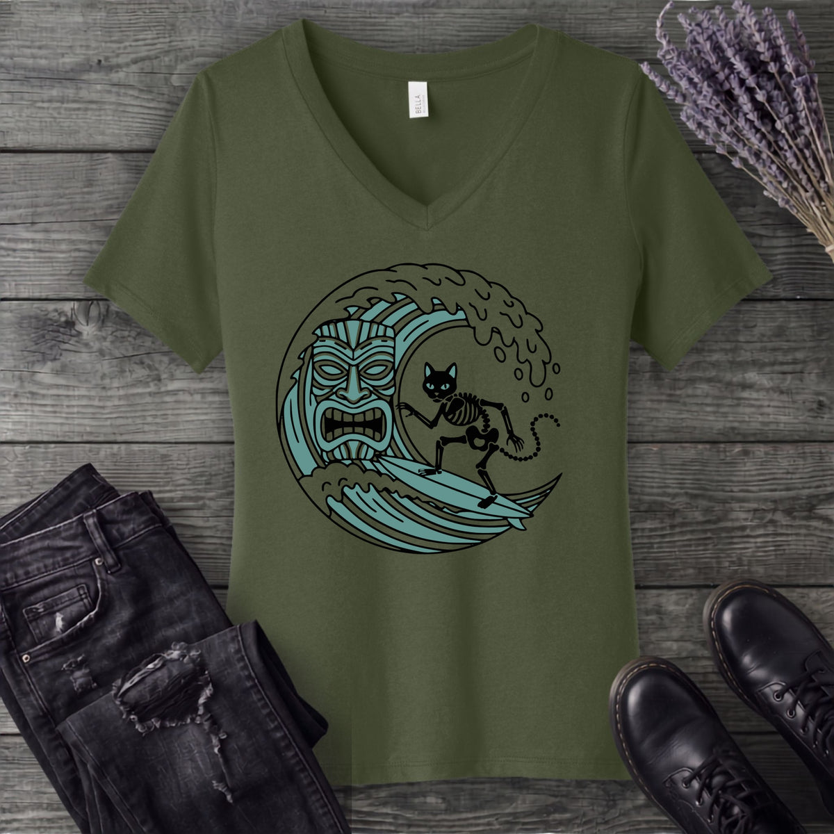Surfing Cat Skeleton V-Neck T-Shirt