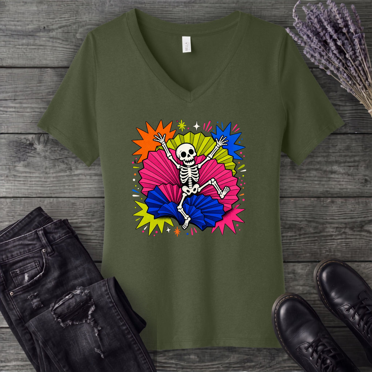 Festive Skeleton V-Neck T-Shirt