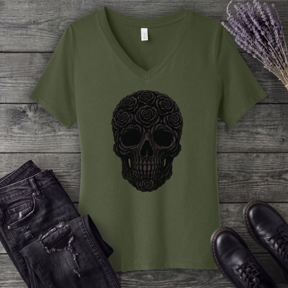 Black Rose Skull V-Neck T-Shirt