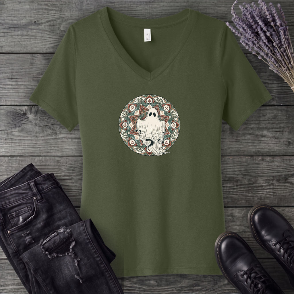 Boho Ghost Mandala V-Neck T-Shirt