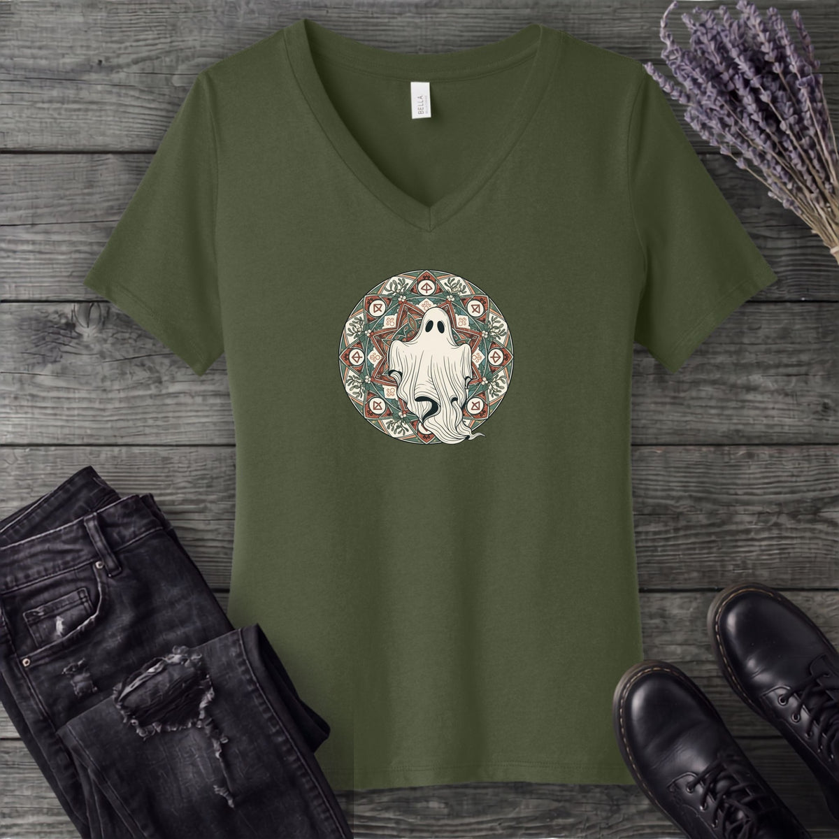 Boho Ghost Mandala V-Neck T-Shirt
