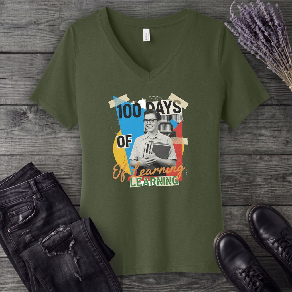 Old School 100 Days Of Learning V-Neck T-Shirt