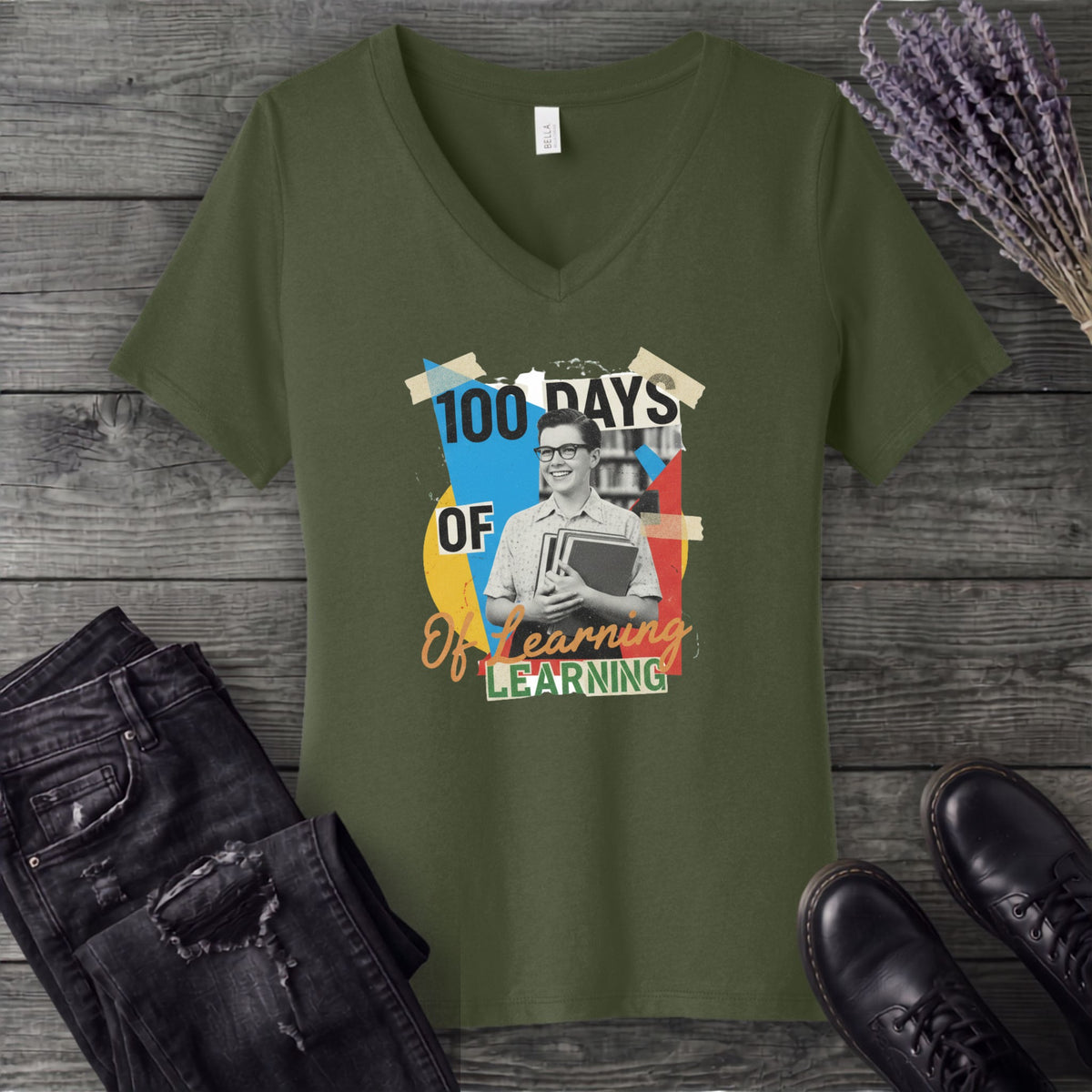 Old School 100 Days Of Learning V-Neck T-Shirt