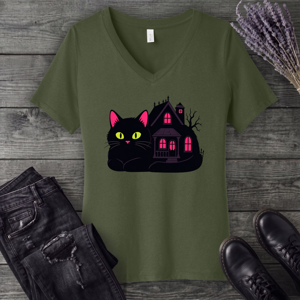 Black Cat Haunted House V-Neck T-Shirt