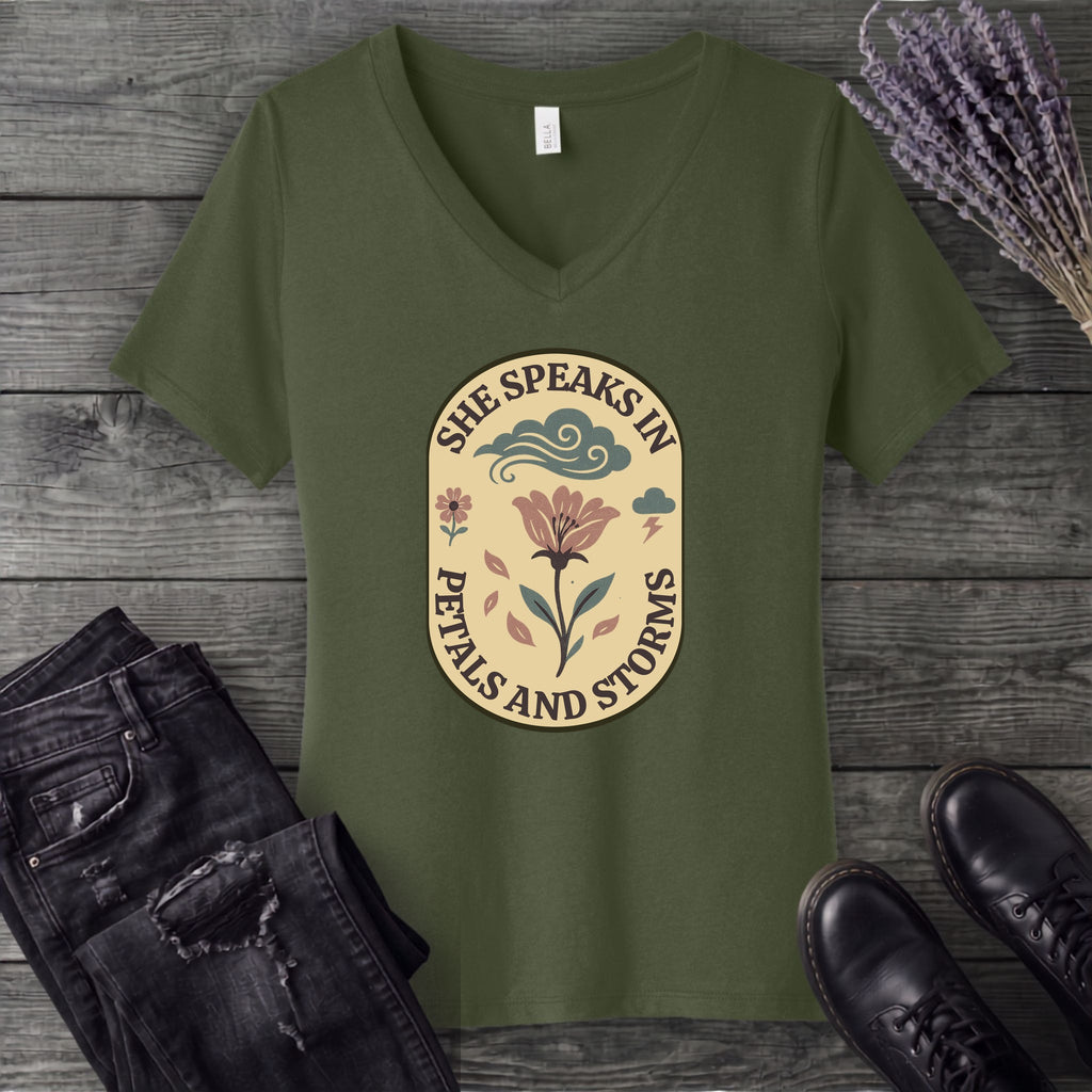 She Speaks In Petals And Storms V-Neck T-Shirt
