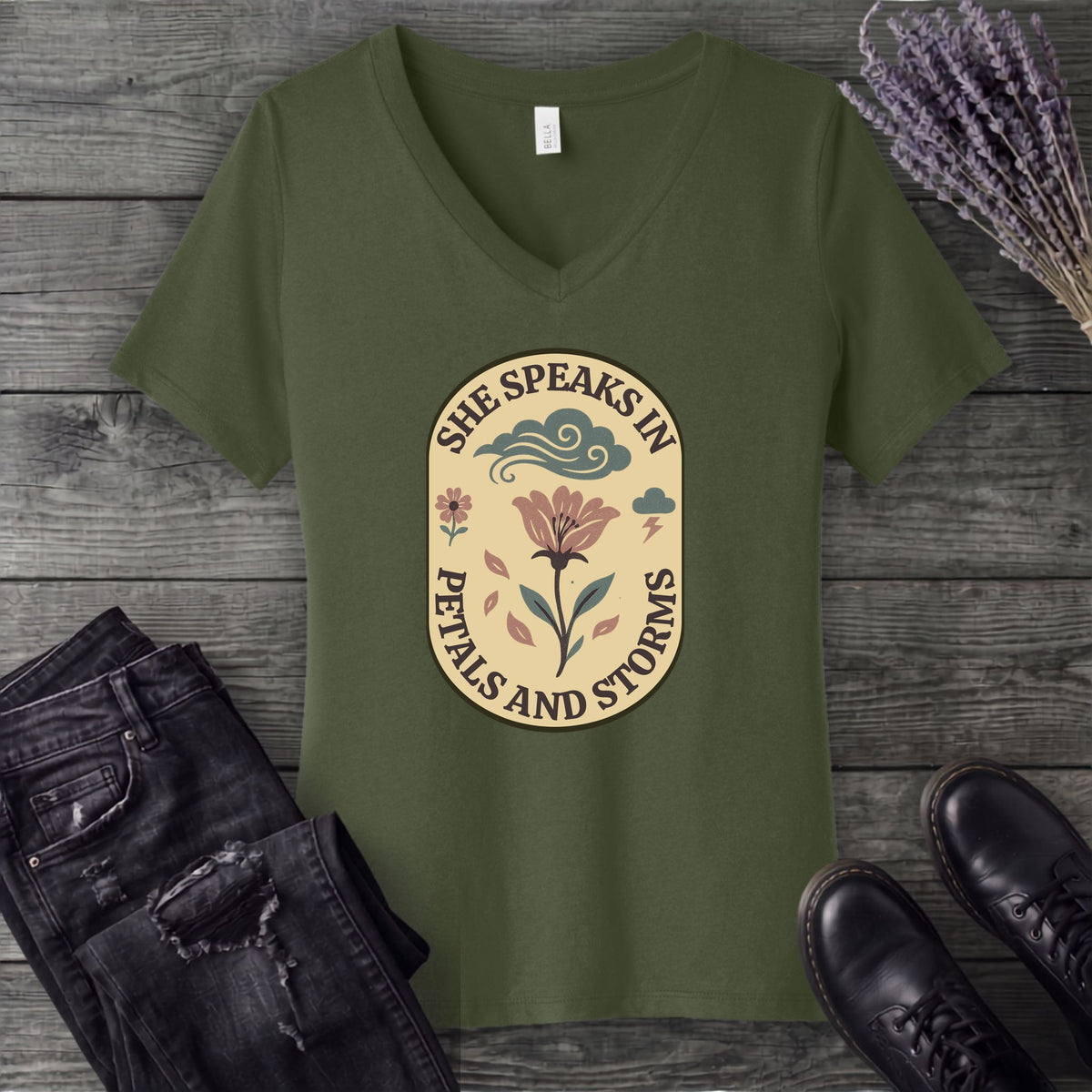 She Speaks In Petals And Storms V-Neck T-Shirt