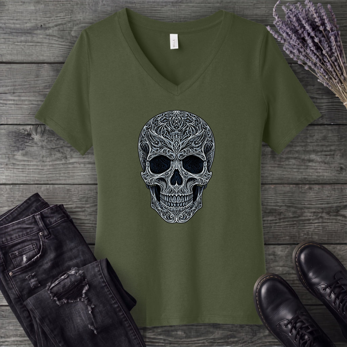 Filigree Skull V-Neck T-Shirt