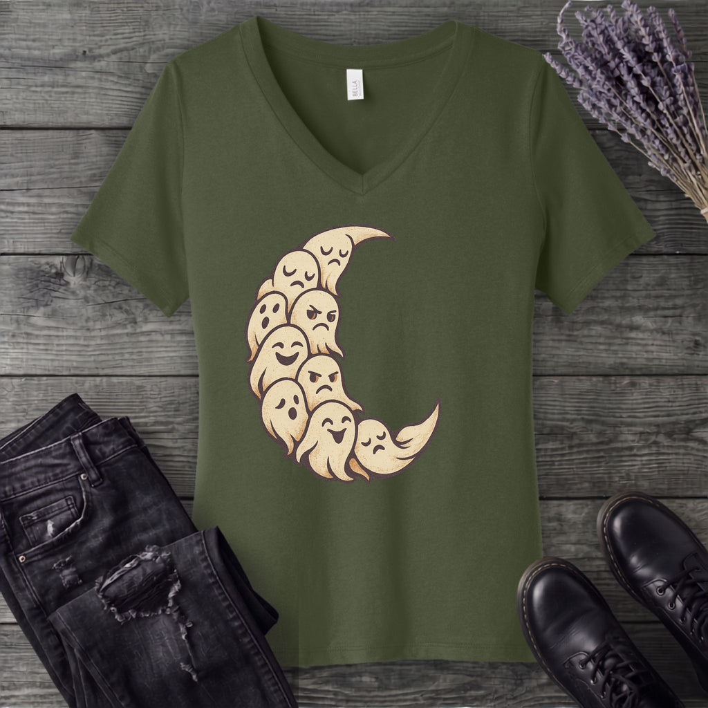 crescent moon ghosts V-Neck T-Shirt