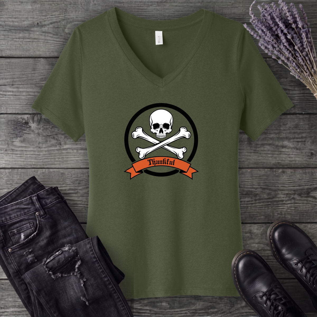 Thankful Crossbones V-Neck T-Shirt