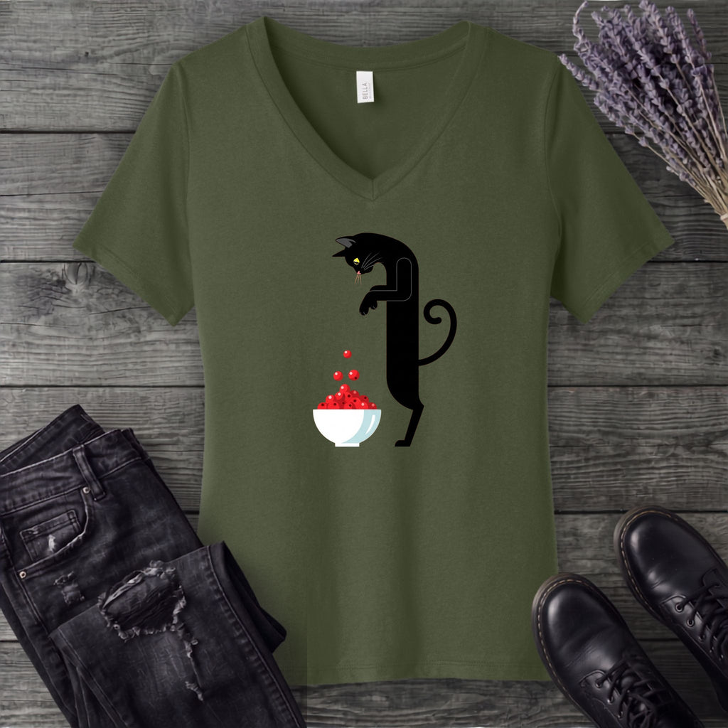 Black Cat And Cranberries V-Neck T-Shirt