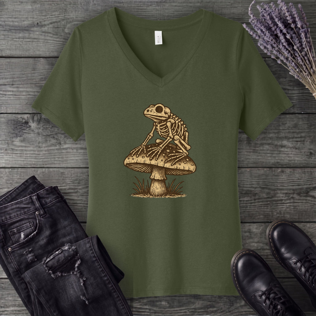 Frog Skeleton Mushroom V-Neck T-Shirt