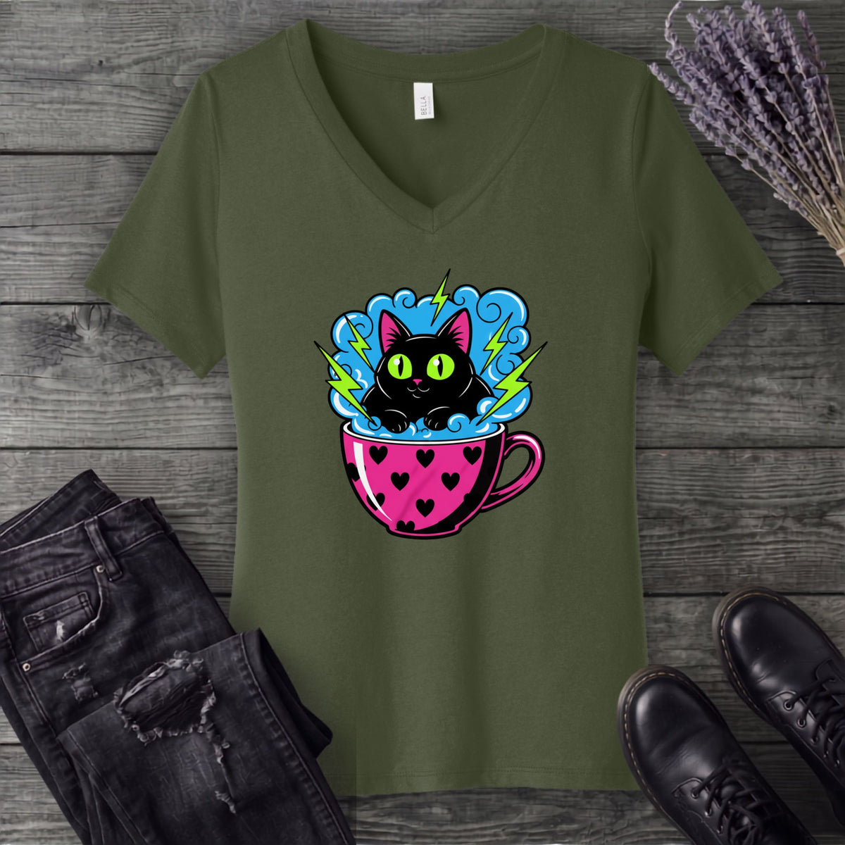 Cat Heart Mug Y2k 90s V-Neck T-Shirt