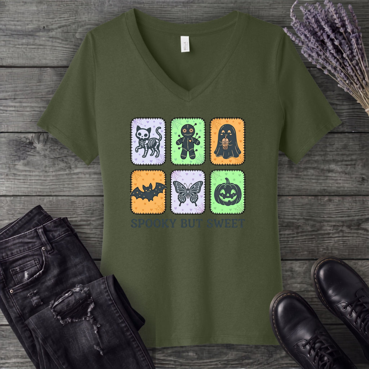 Spooky But Sweet Grid V-Neck T-Shirt
