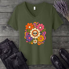 skull daisies V-Neck T-Shirt