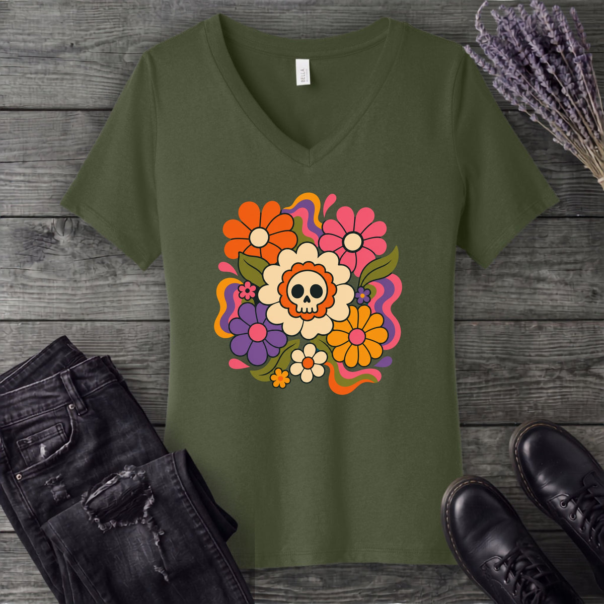 skull daisies V-Neck T-Shirt