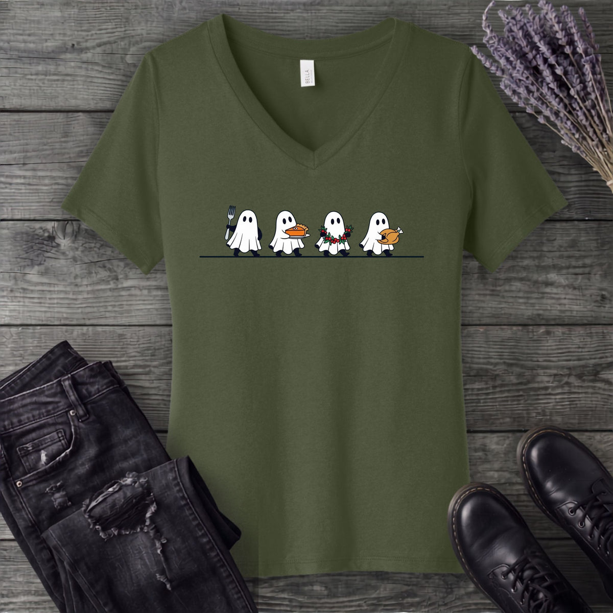 Four Ghost Thanksgiving V-Neck T-Shirt