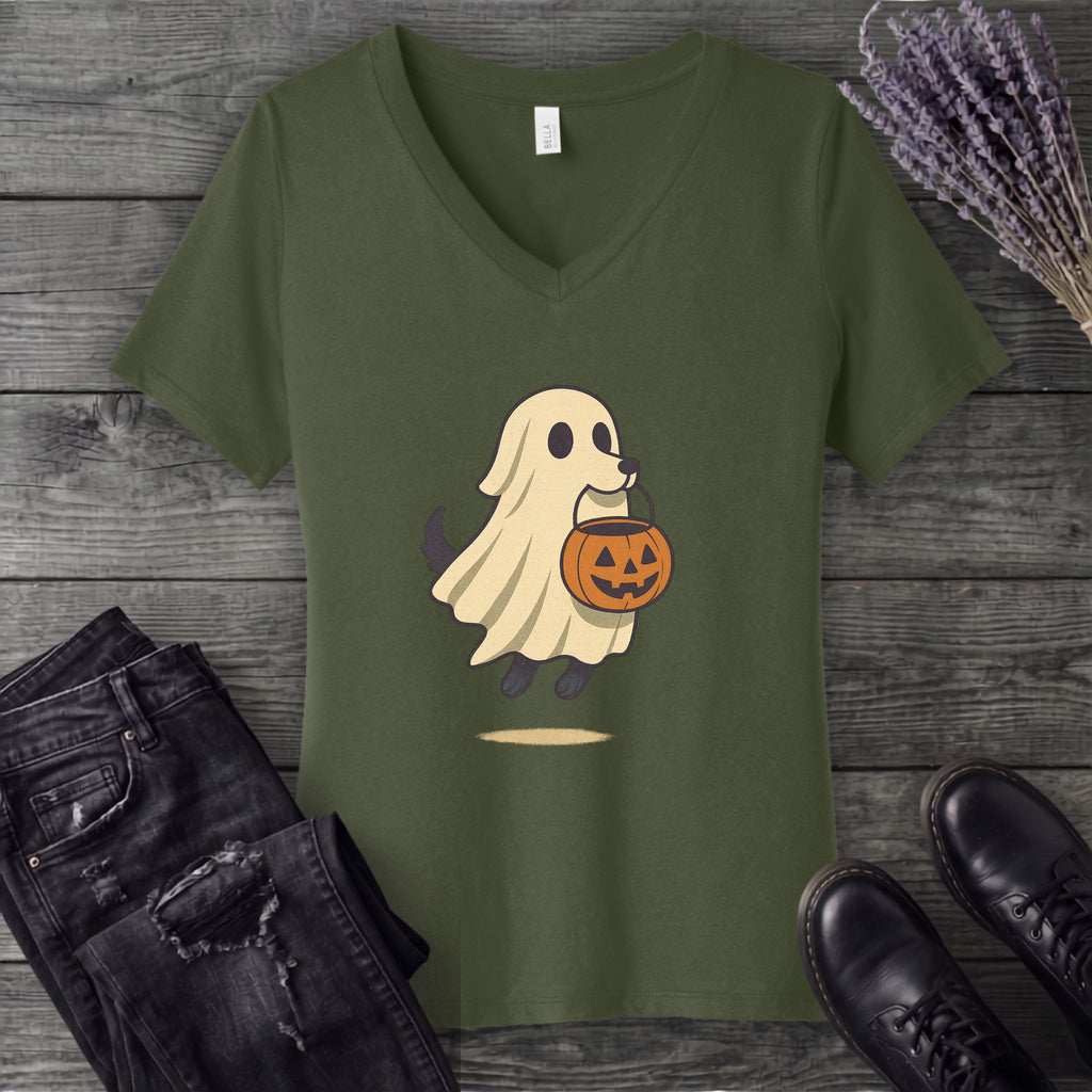 Ghost Dog Trick-Or-Treating V-Neck T-Shirt