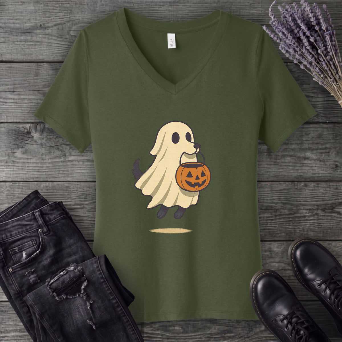 Ghost Dog Trick-Or-Treating V-Neck T-Shirt