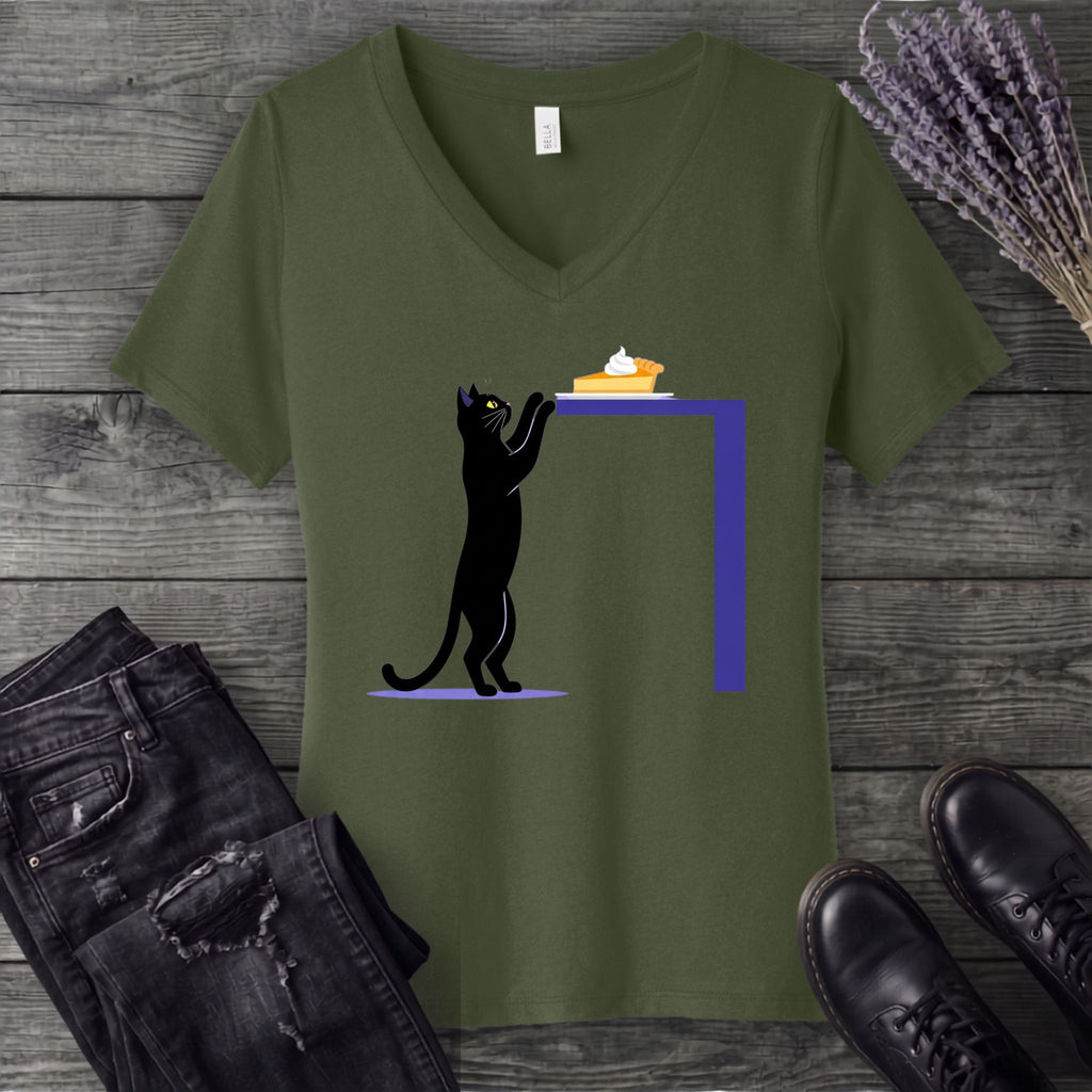 Black Cat Pumpkin Pie V-Neck T-Shirt