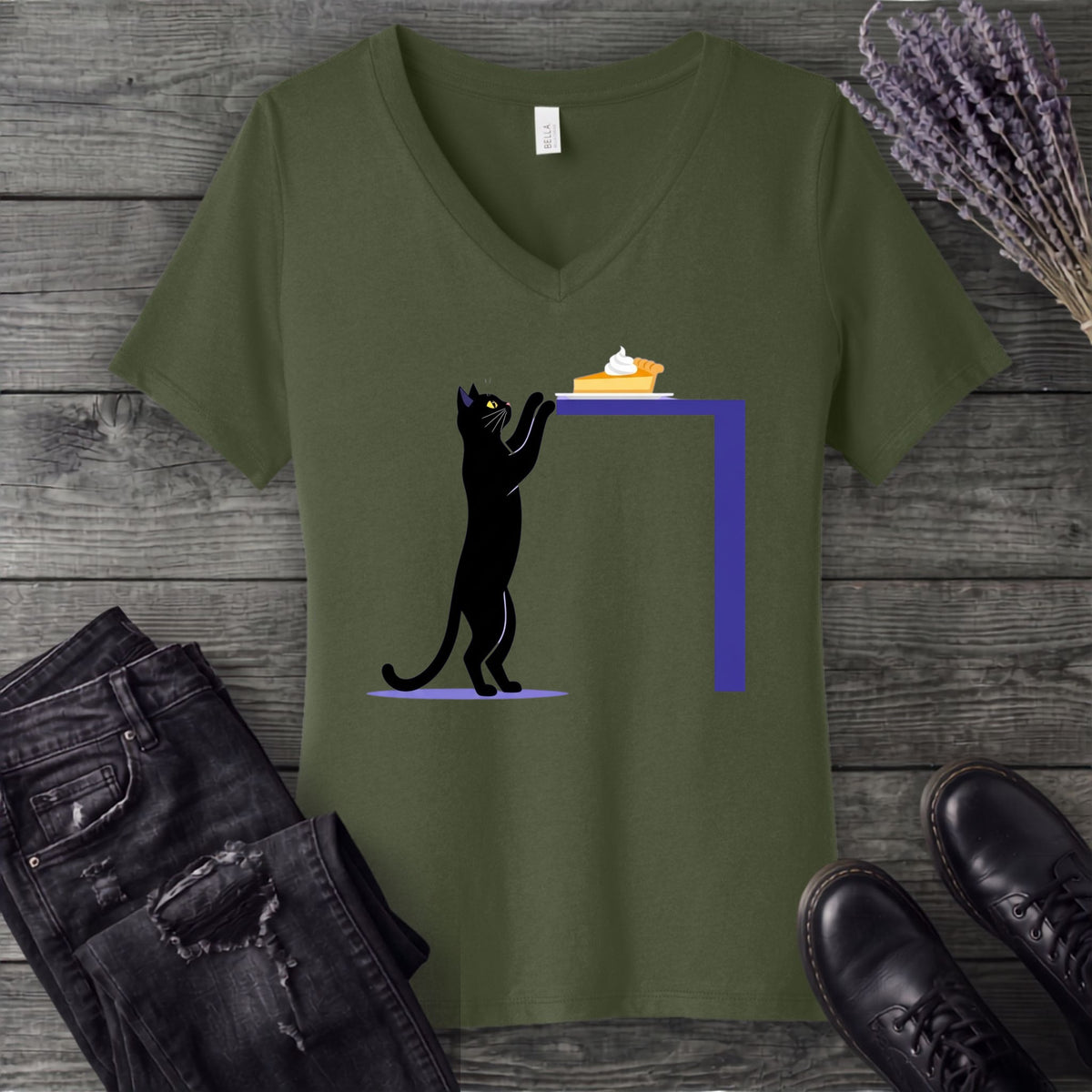 Black Cat Pumpkin Pie V-Neck T-Shirt