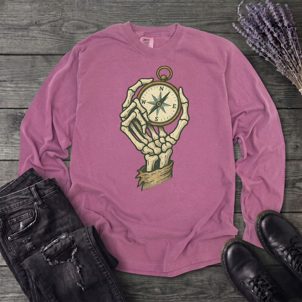 Nautical Compass Skeleton Hand Long Sleeve T-Shirt