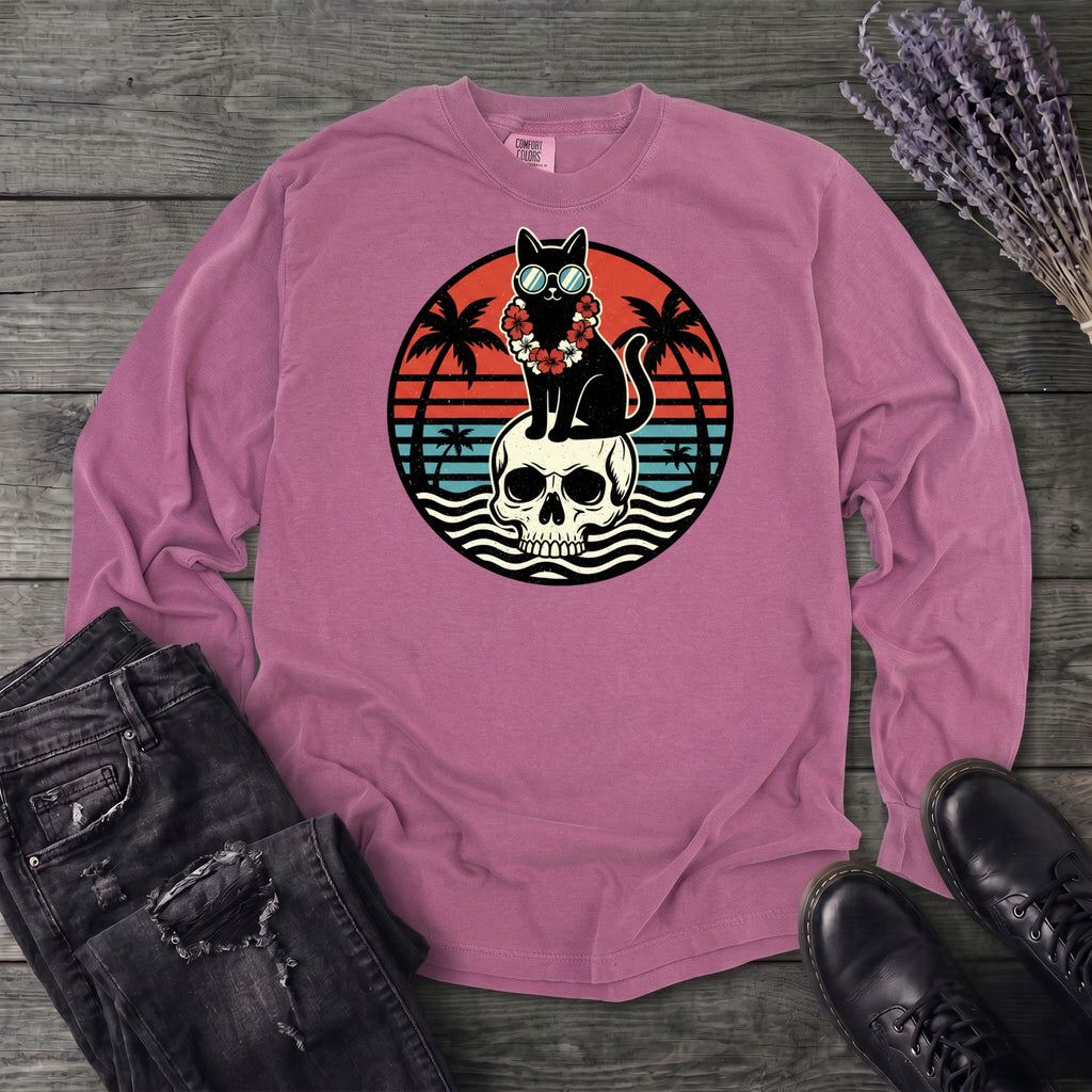 Tropical Cat and Skull Long Sleeve T-Shirt