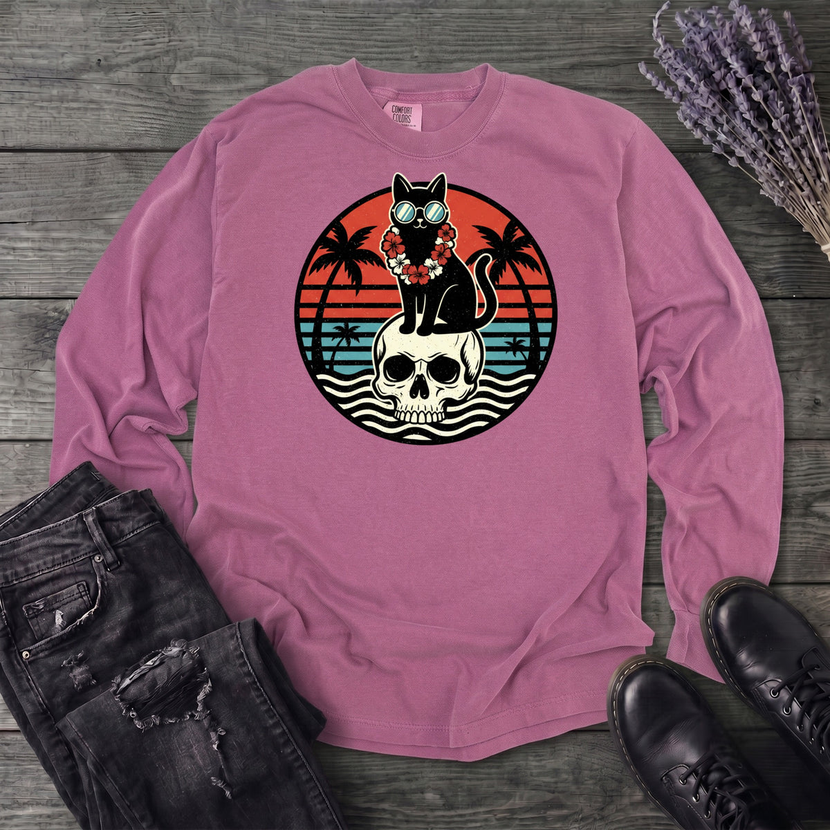 Tropical Cat and Skull Long Sleeve T-Shirt