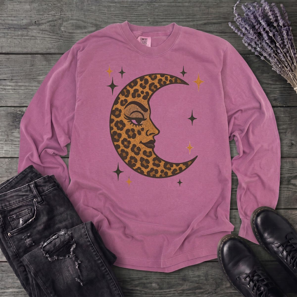 Leopard Print Crescent Moon Long Sleeve T-Shirt