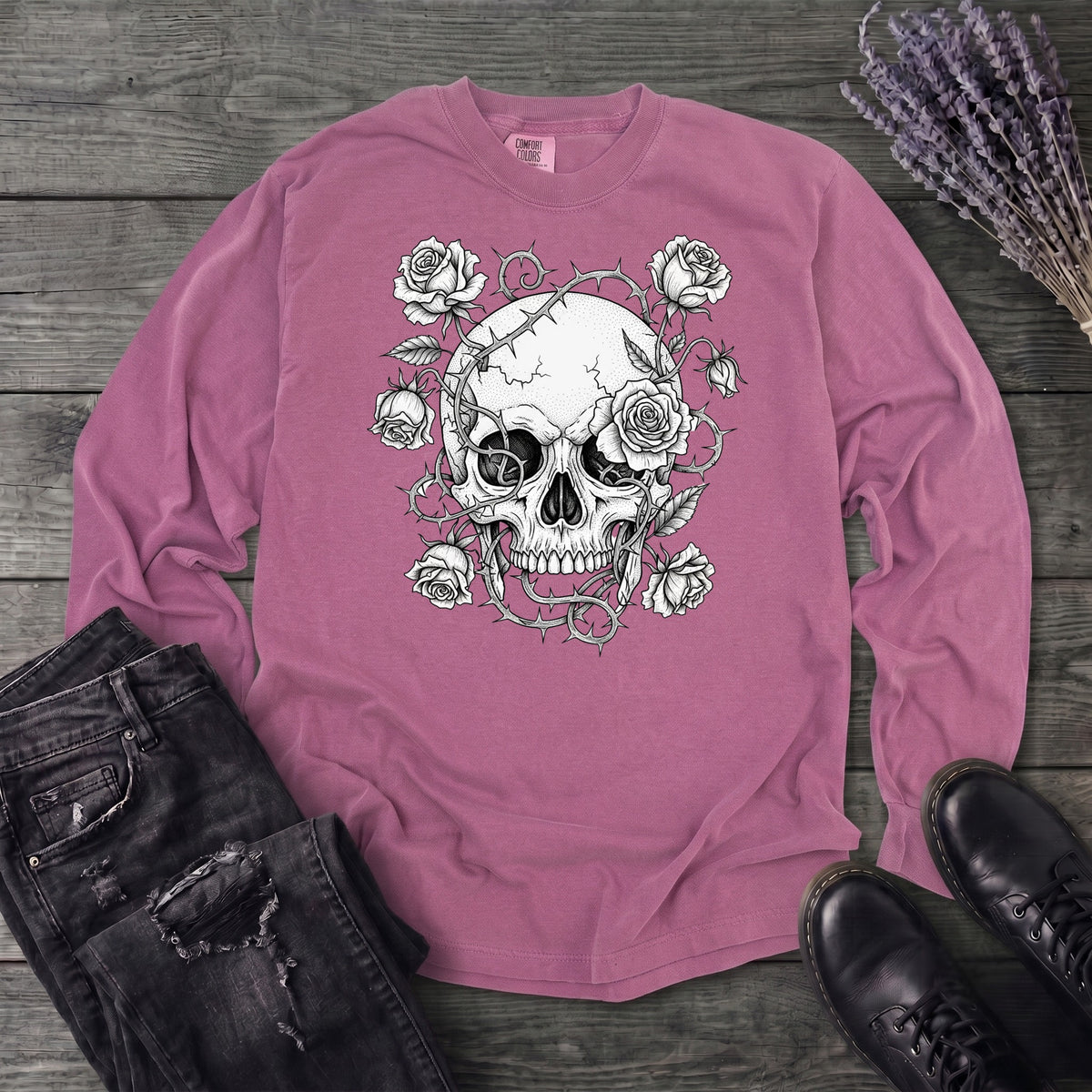 Macabre Floral Skull Long Sleeve T-Shirt