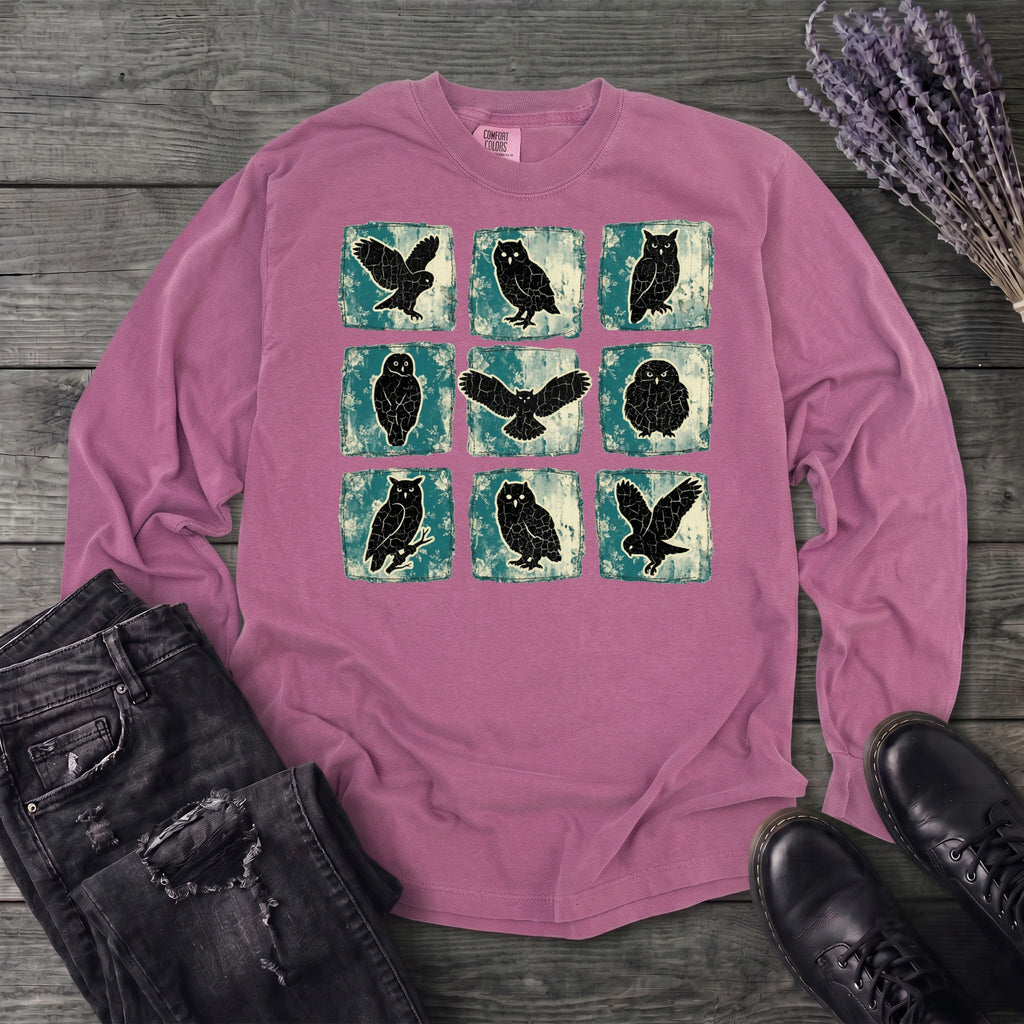 Grunge Owl Grid Long Sleeve T-Shirt