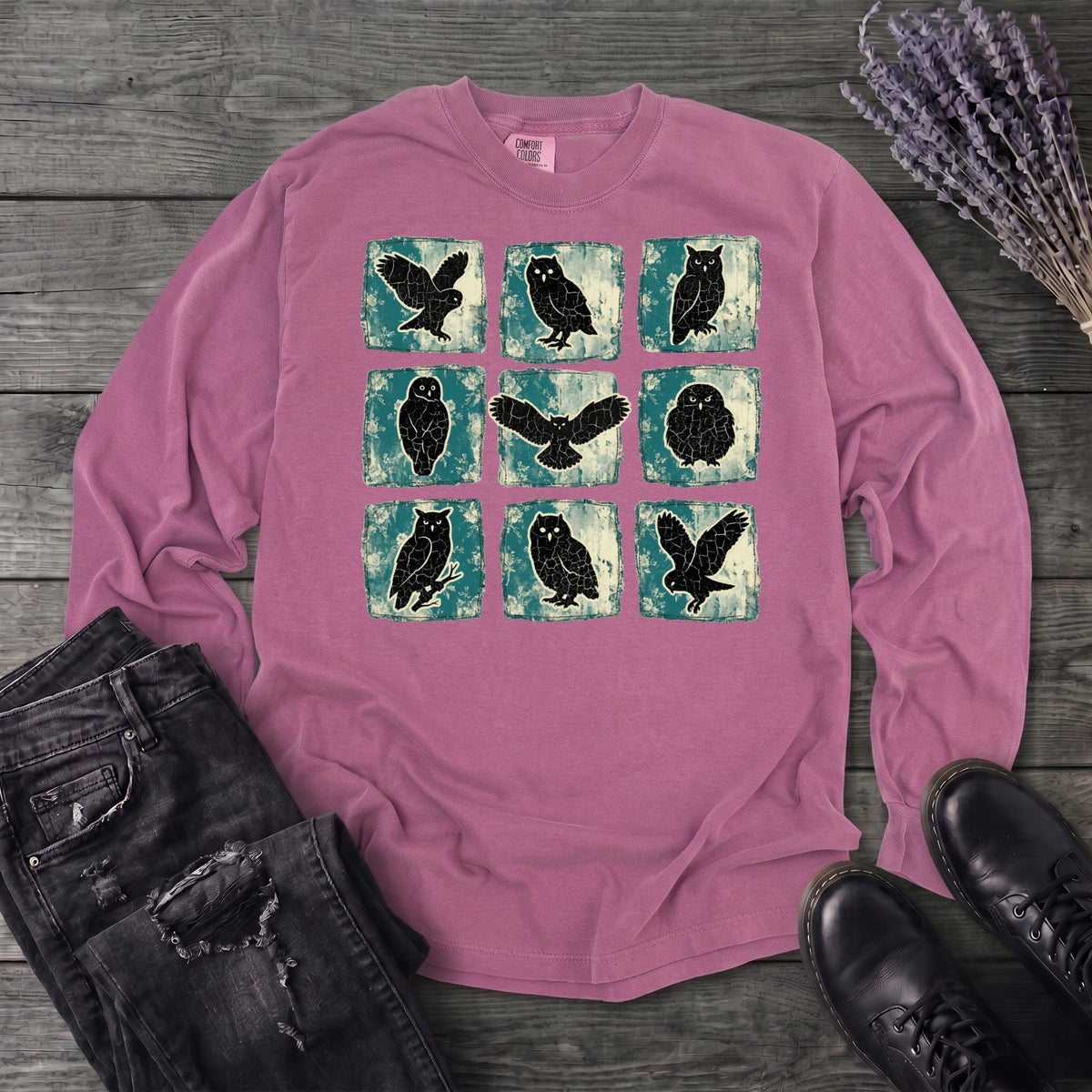 Grunge Owl Grid Long Sleeve T-Shirt