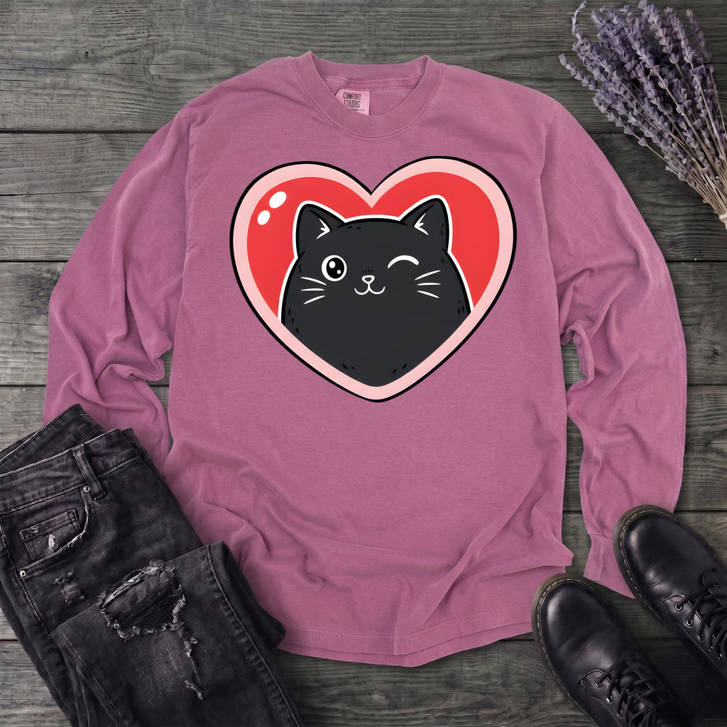 Winking Black Cat Heart Long Sleeve T-Shirt