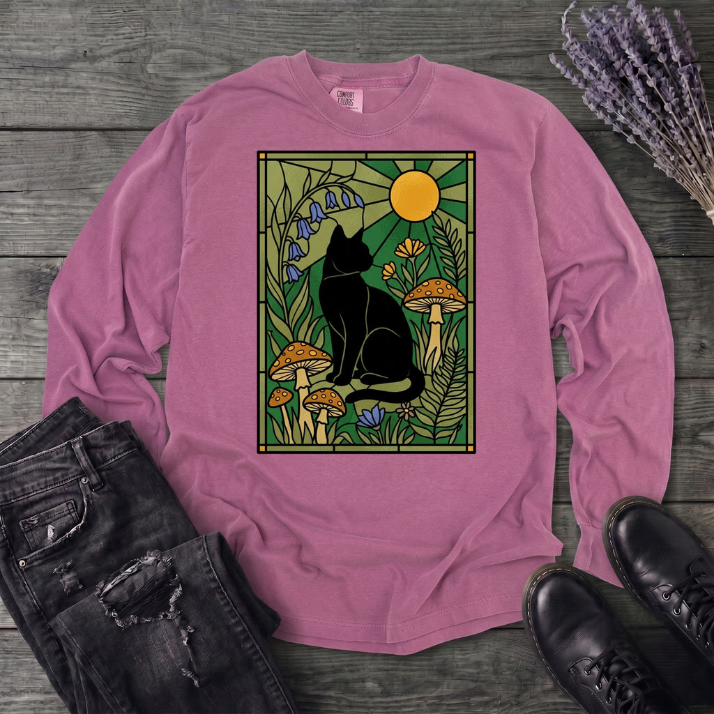 stained glass garden cat Long Sleeve T-Shirt