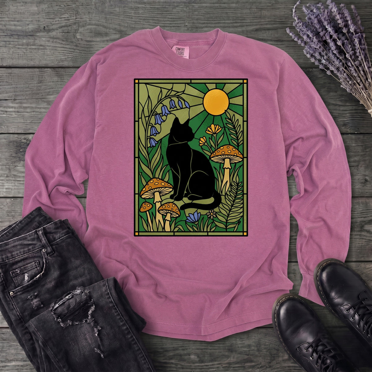 stained glass garden cat Long Sleeve T-Shirt