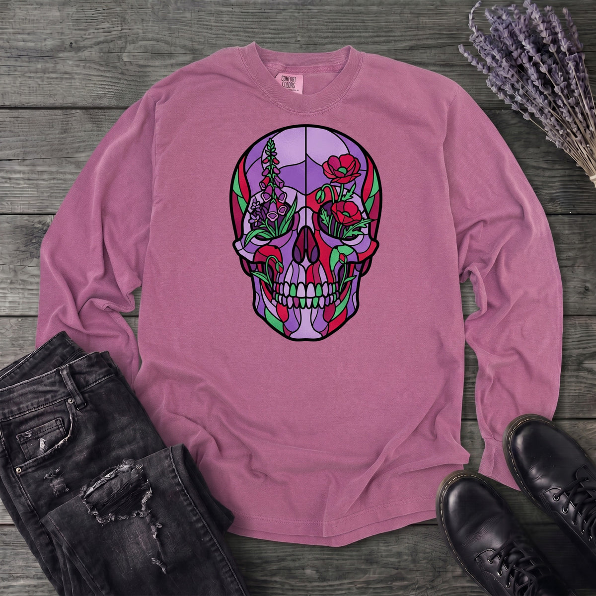 botanical stained glass skull Long Sleeve T-Shirt