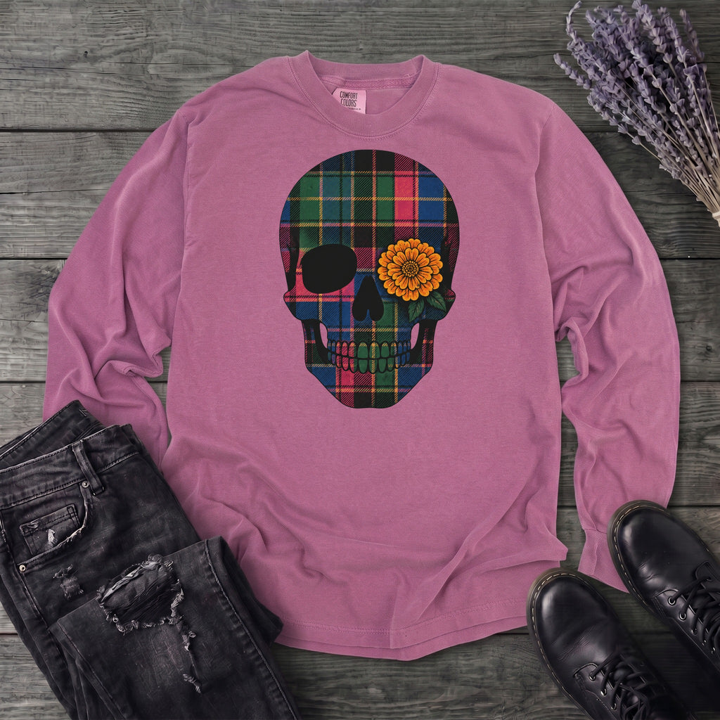 Bright Plaid Skull Long Sleeve T-Shirt