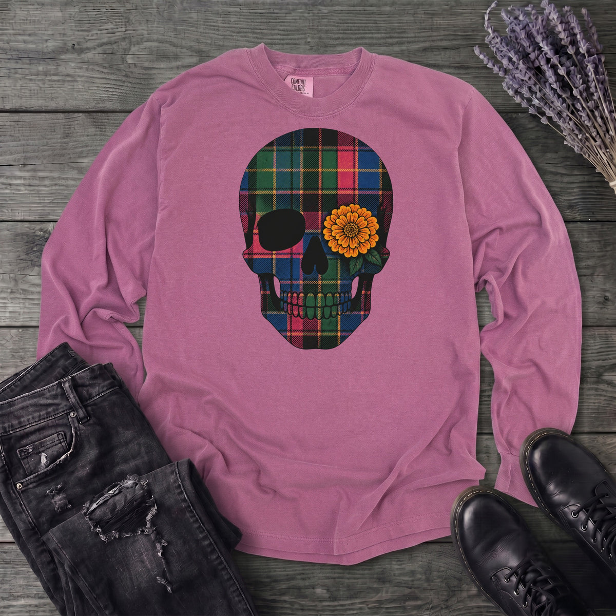 Bright Plaid Skull Long Sleeve T-Shirt