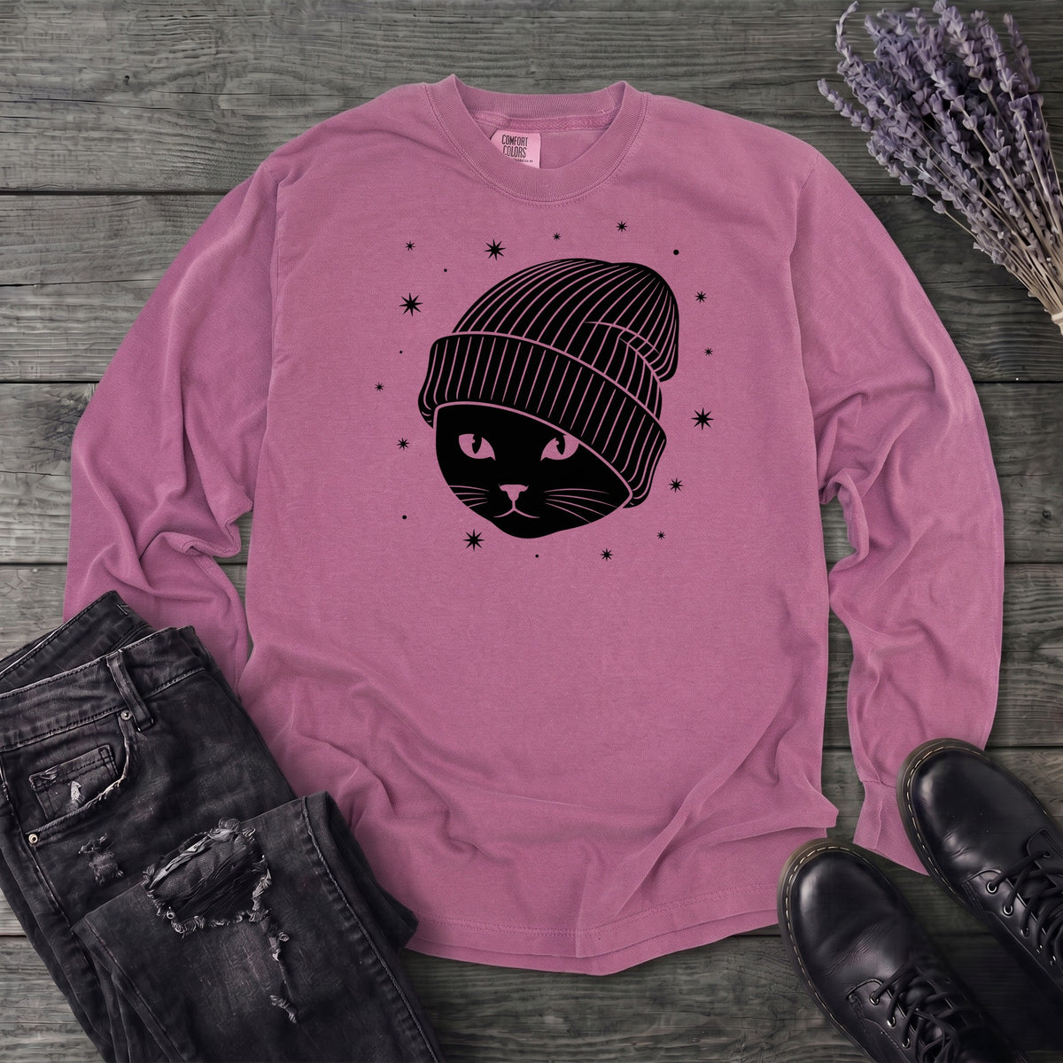 black_cat_beanie Long Sleeve T-Shirt