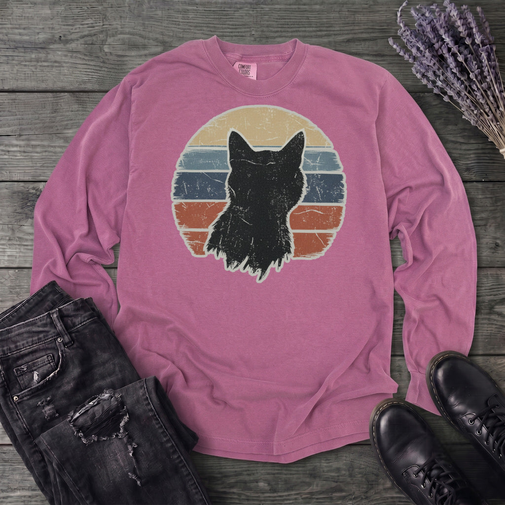 Cat Silhouette Sunset Grunge Long Sleeve T-Shirt