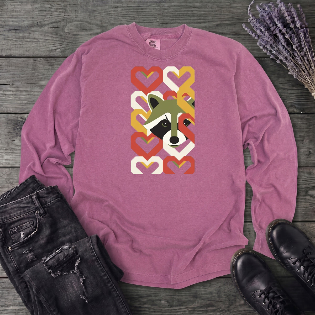 Geometric Hearts Raccoon Long Sleeve T-Shirt