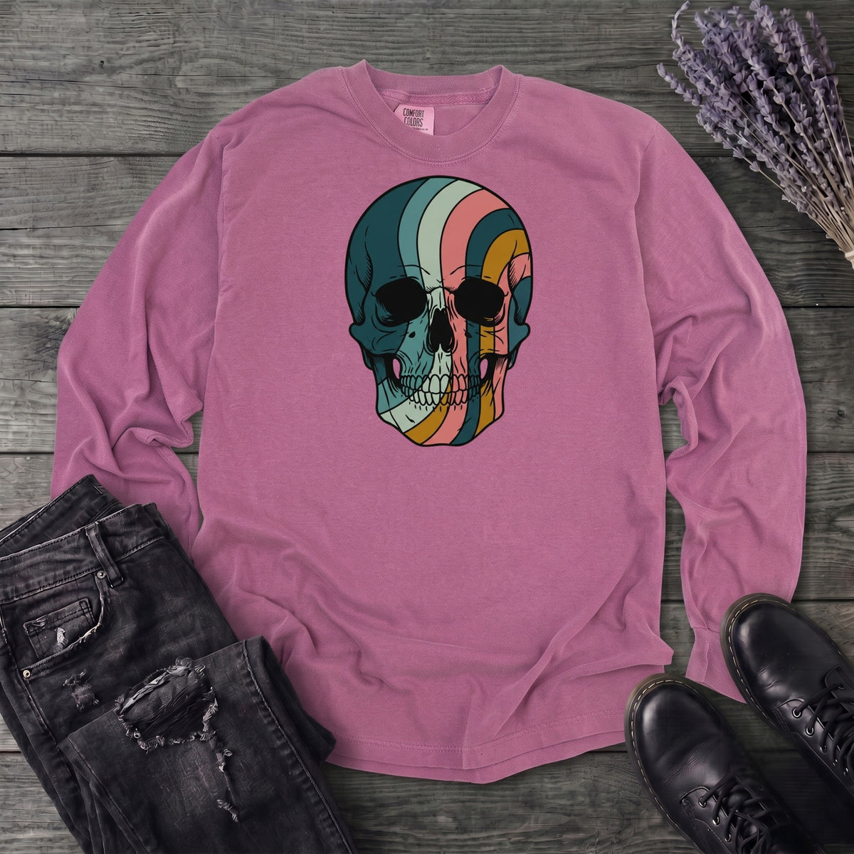 Psychedelic Striped Skull Long Sleeve T-Shirt