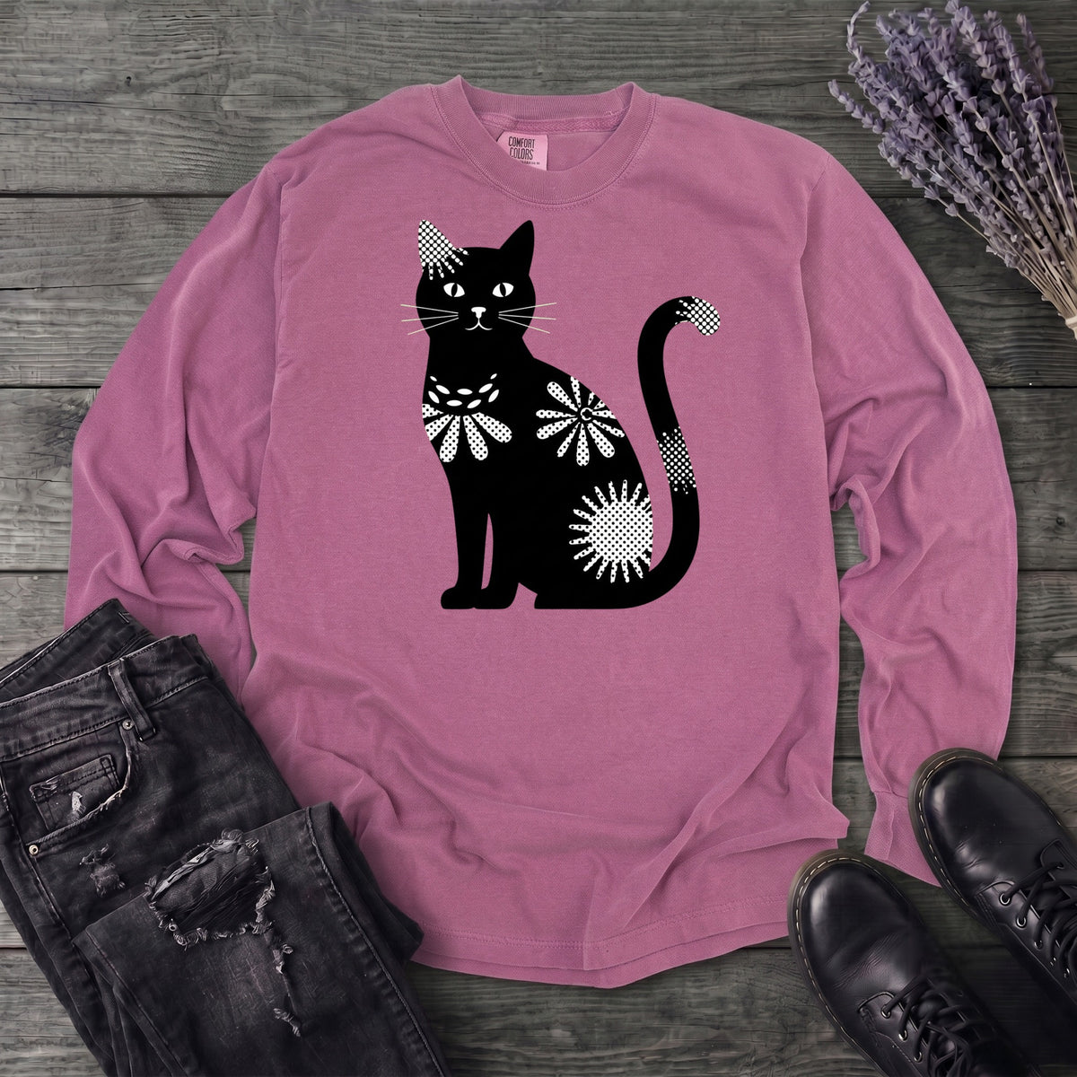 Retro Texture Black Cat Long Sleeve T-Shirt