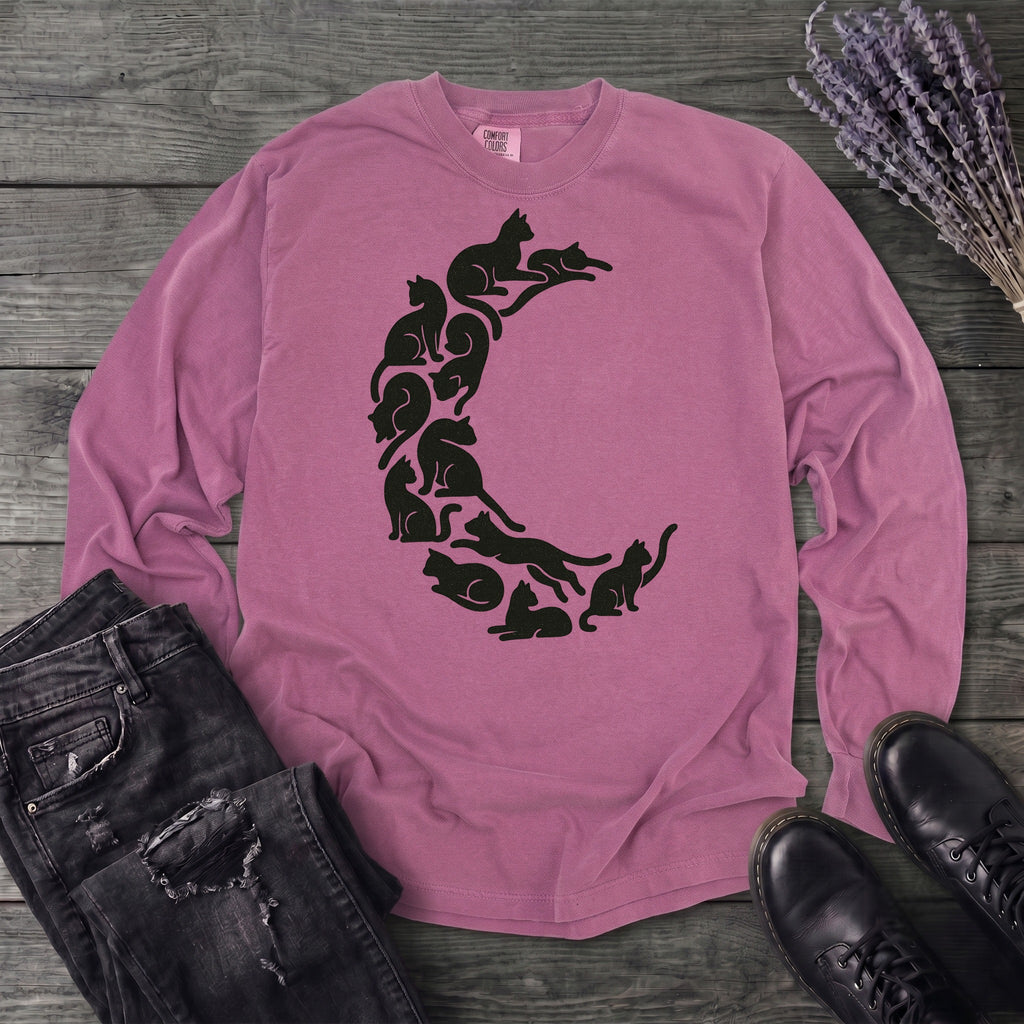 crescent moon black cats Long Sleeve T-Shirt