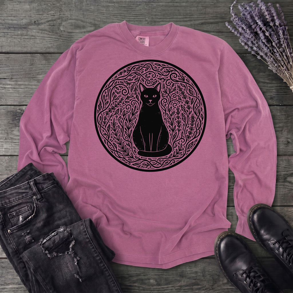 garden cat linocut Long Sleeve T-Shirt