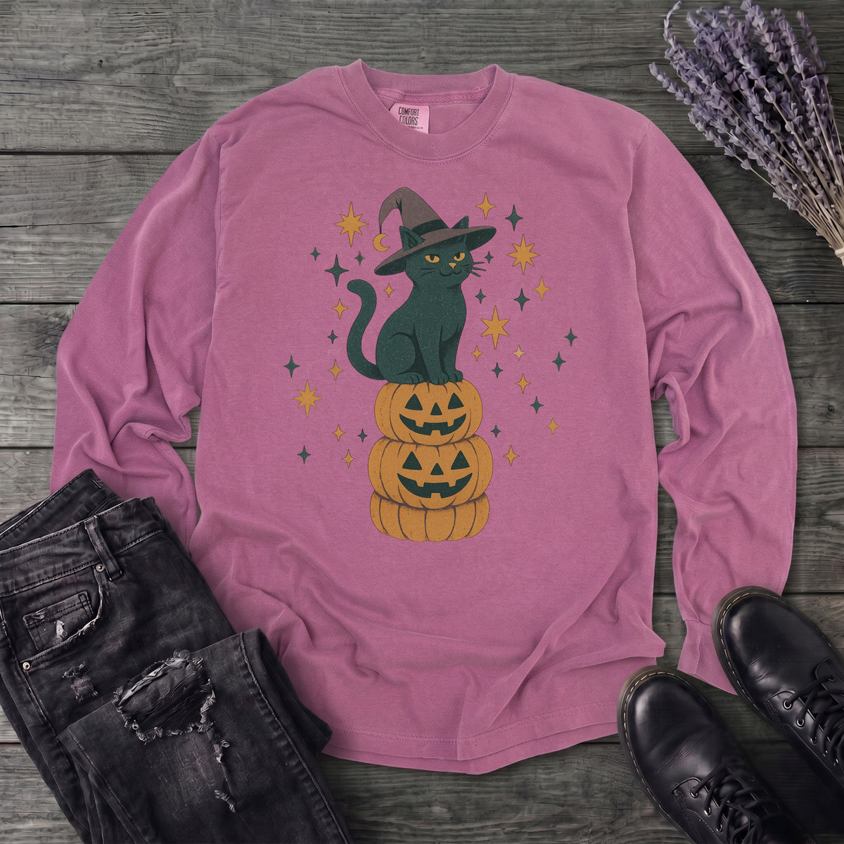 Stacked Cat and Pumpkins Long Sleeve T-Shirt