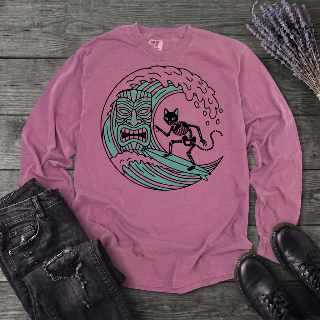 Surfing Cat Skeleton Long Sleeve T-Shirt
