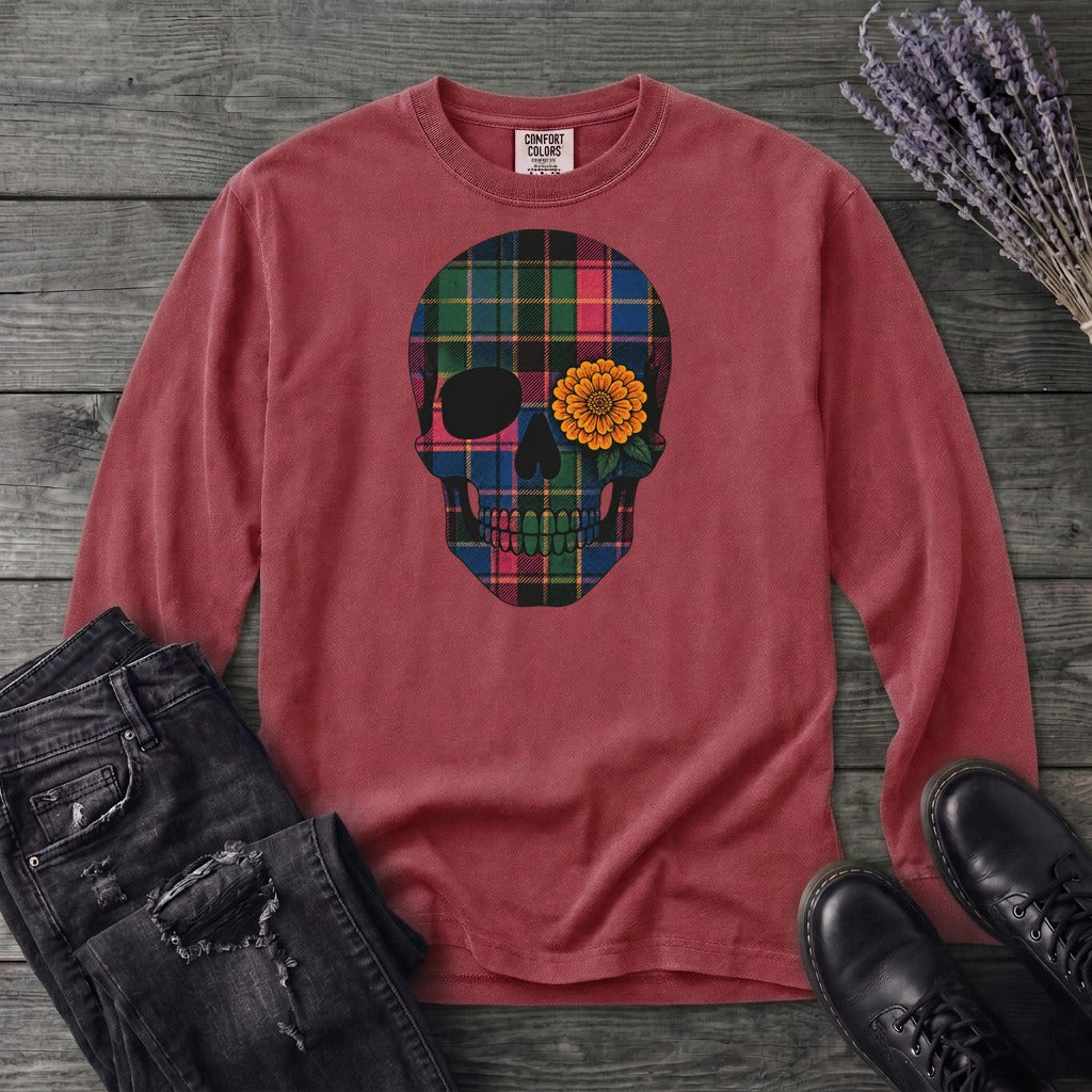 Bright Plaid Skull Long Sleeve T-Shirt