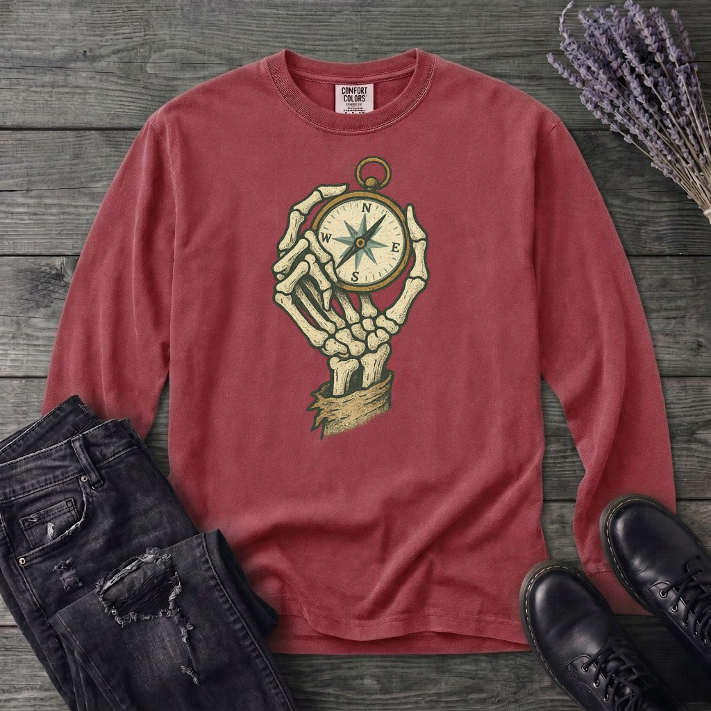 Nautical Compass Skeleton Hand Long Sleeve T-Shirt