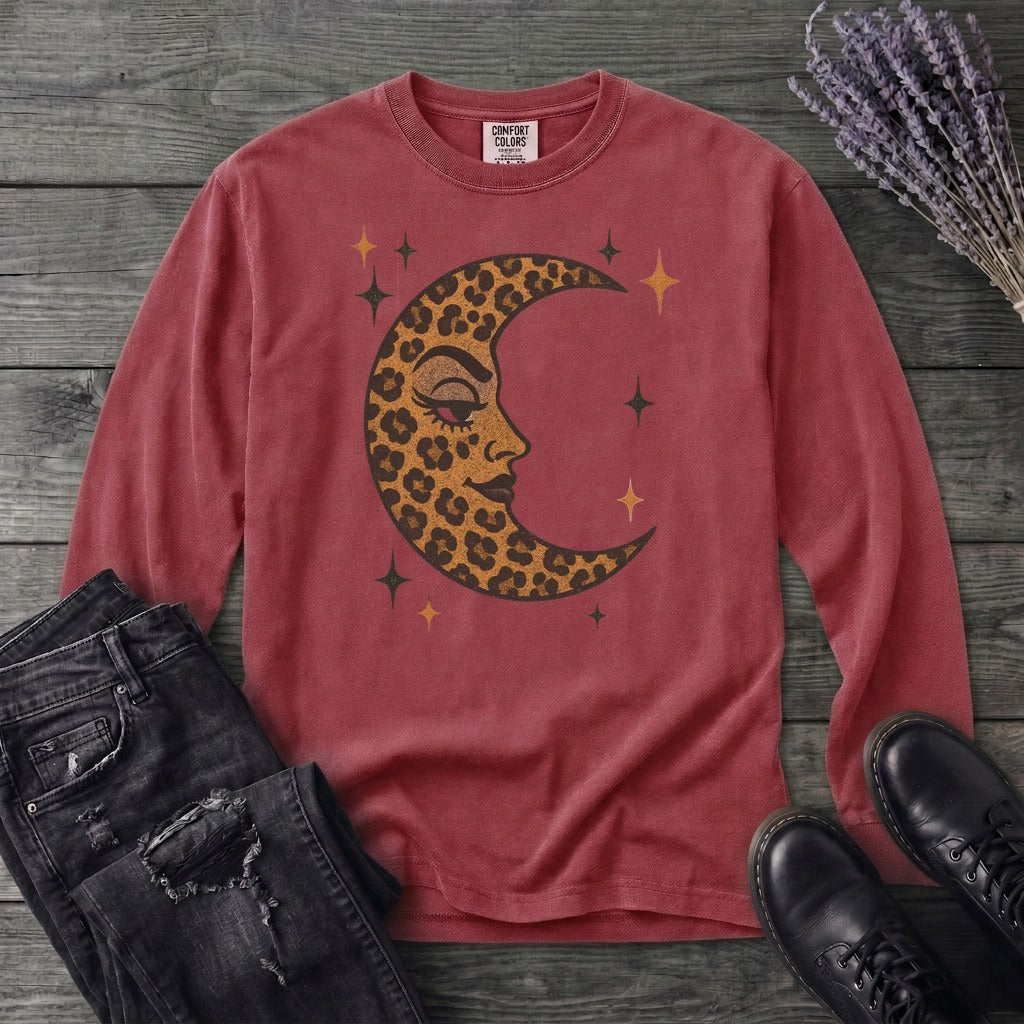 Leopard Print Crescent Moon Long Sleeve T-Shirt